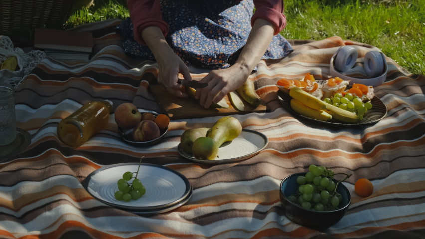 Young woman having summer picnic. Girl preparing fruit healthy snacks for picnic. Summer outdoors activities. 