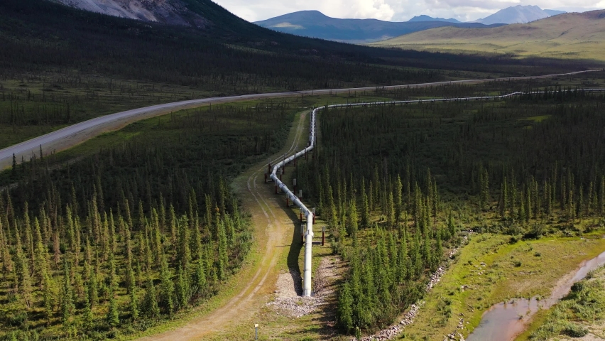 Aerial shot flying over the Trans Alaska Pipeline running through a beautiful green forest with mountains view, Deadhorse Alaska, USA Royalty-Free Stock Footage #1092294331