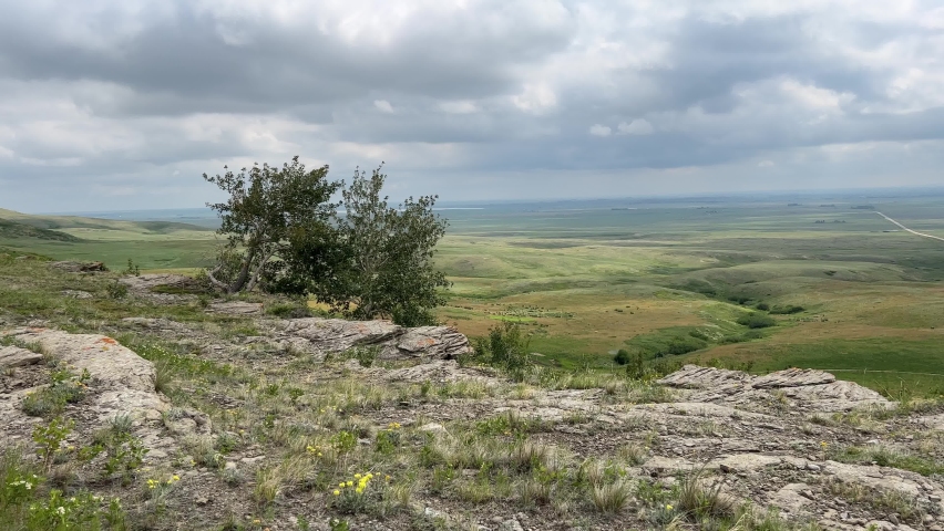 Scenic views from the top of cliffs at Head-Smashed-In Buffalo Jump near Fort Macleod, Alberta. 