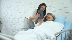Elderly female patient and her daughter Video calling Update your symptoms to your family. Elderly female patient Be encouraged by video calls.