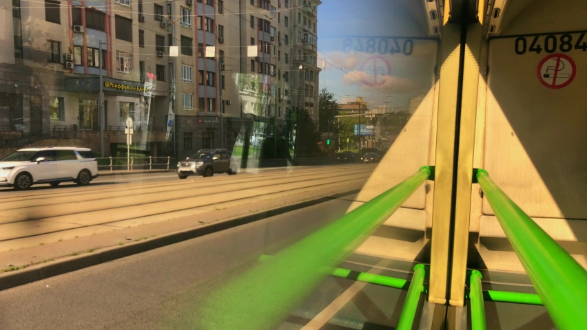 View from the side window of the Moscow bus when driving along Stromynka Street to the center. Morning of July 15, 2022. Moscow.
