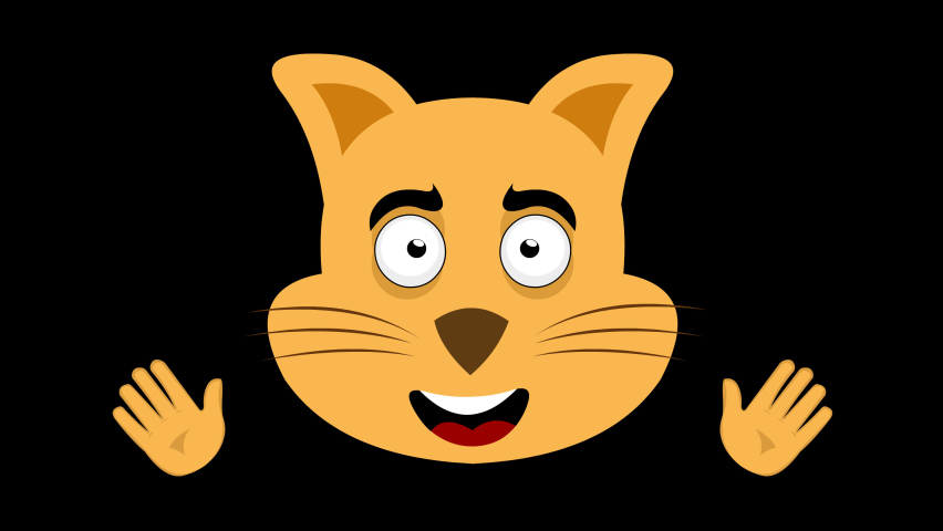 Animation loop of the face of a cartoon cat, with a happy expression and waving with his hands. On a transparent background