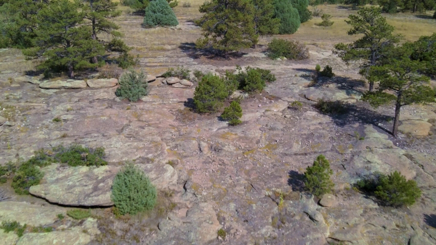 Aerial drone of rock formations at Castlewood Canyon State Park in Douglas County, Colorado