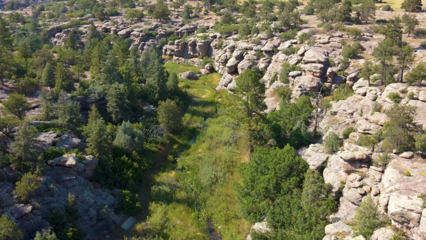 Aerial drone of rock formations at Castlewood Canyon State Park in Douglas County, Colorado