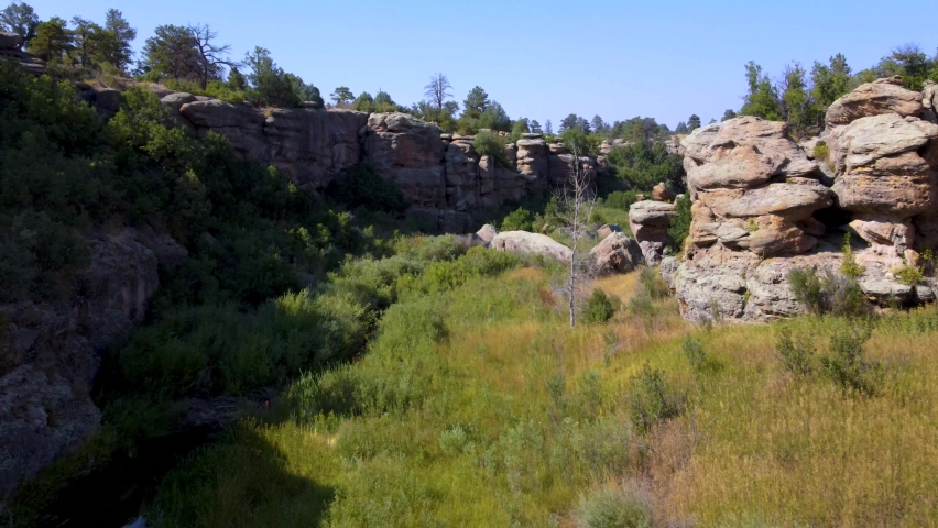 Aerial drone of rock formations at Castlewood Canyon State Park in Douglas County, Colorado