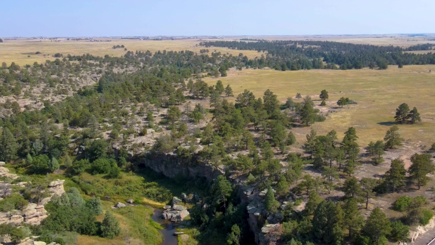 Aerial drone of rock formations at Castlewood Canyon State Park in Douglas County, Colorado