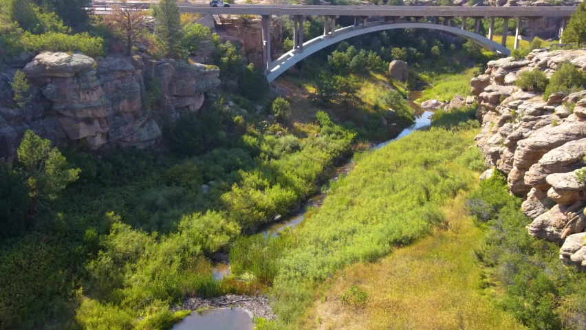 Aerial drone of rock formations at Castlewood Canyon State Park in Douglas County, Colorado