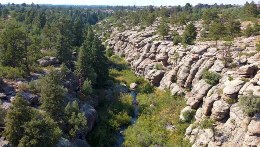 Aerial drone of rock formations at Castlewood Canyon State Park in Douglas County, Colorado