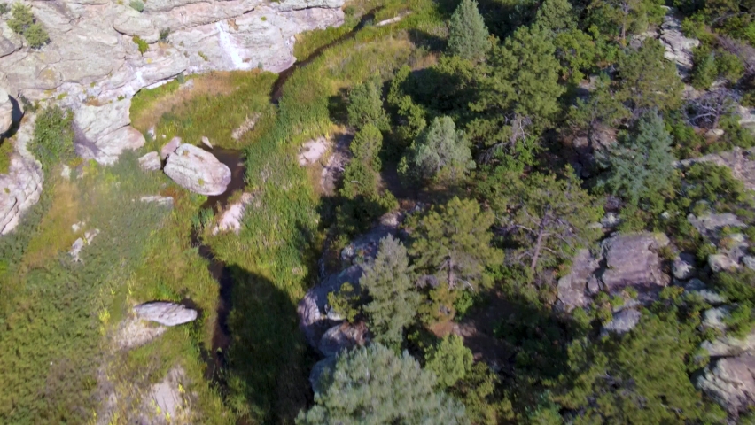 Aerial drone of rock formations at Castlewood Canyon State Park in Douglas County, Colorado