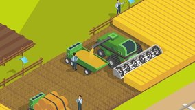 Railway transport video concept. Moving Train rides on railroad past agricultural farm. Electric locomotive with wagons delivers goods. Global logistics or shiping. Isometric graphic animated cartoon