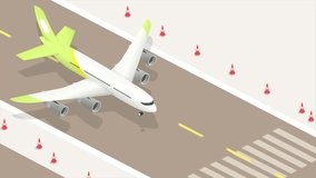 Have nice flight or travel. Moving white plane driving down runway and getting ready to take off into sky. Tourism, trip or vacation concept. Airport with vehicle. Isometric graphic animated cartoon