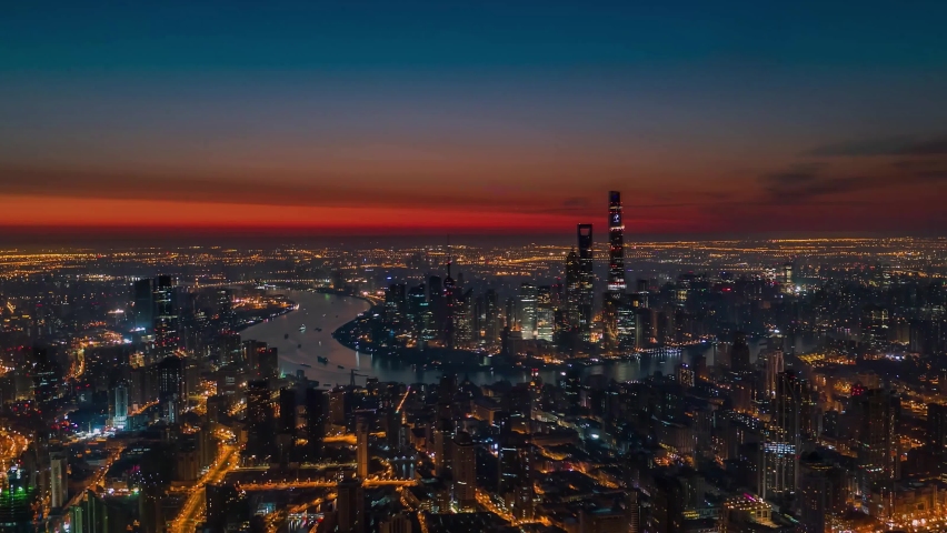 Aerial photo of sunrise and burning clouds in Lujiazui Shanghai Royalty-Free Stock Footage #1092313211