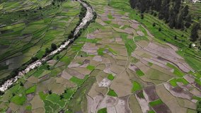High quality 4K aerial video of a  small farmlands in a mountain valley, in the himalayas. Taken by a drone flying over the valley