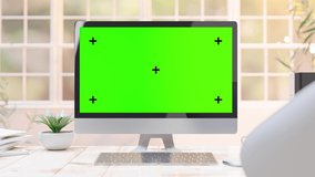 Computer MockUp on work desk in office Designed in minimal. Selective focus on screen. can be used in education and business. Green screen for banner and logo. Animation, 3D Render.
 - Powered by Shutterstock - Get 15% off with code: PIKWIZARD15