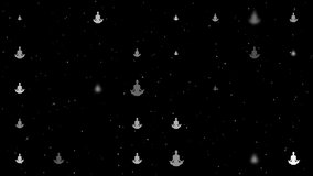 Template animation of evenly spaced yoga symbols of different sizes and opacity. Animation of transparency and size. Seamless looped 4k animation on black background with stars