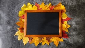 Black letter chalkboard with BACK TO SCHOOL Written on it with white letters. Board with frame of red and yellow autumn leaves on dark grey marble background. Horizontal stop motion 4k video footage - Powered by Shutterstock - Get 15% off with code: PIKWIZARD15