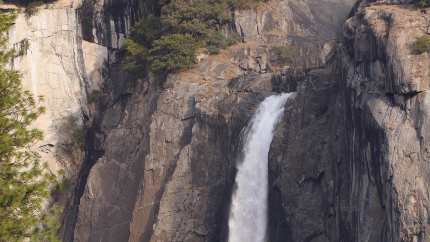 Close up shhot of the amazing Yosemite Falls at Yosemite National Park in California.