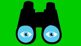 Animated black binoculars with eyes. Blinks an eye. Looped video. Concept of searching, travel, spy. Vector illustration on green background.