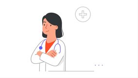 Different professions video concept. Moving woman doctor, therapist or nurse in white uniform and mask treats diseases. Health care and medicine. Flat graphic animated cartoon in doodle style