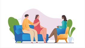 Psychotherapy consultation video concept. Moving man and woman visit psychologist. Couple or family solves problems in relationship. Misunderstanding between spouses. Gradient graphic animated cartoon