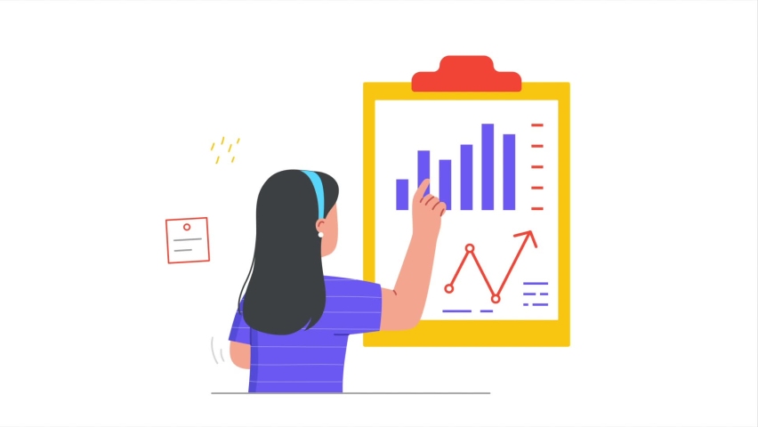 Economy and finance. Moving woman financial consultant or accountant analyzes company statistics, graphs and charts. Business revenue and profit management. Graphic animated cartoon in doodle style | Shutterstock HD Video #1092340249