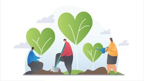 Charity and volunteering. Moving men and women with shovels and watering cans planting trees. Caring for nature and environment. Kind characters doing reforestation. Gradient graphic animated cartoon