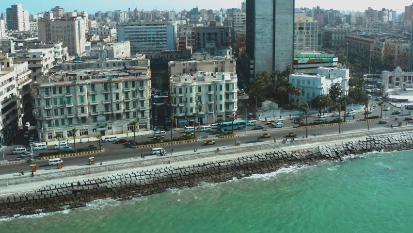 Drone footage of the Mediterranean Corniche in Alexandria