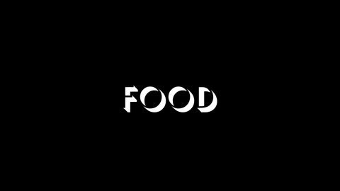 White picture of FOOD word on a black background. eating in a cafe, cooking. Dynamic style footage for your project. 4K video animation for motion graphics and compositing
