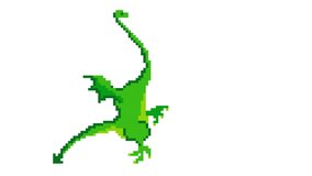 Animated pixel art video in 4K format. Green dragon with wings flies and shoots fire. Playable character in an 8-bit medieval fantasy game. Dangerous predator. The final boss of game about knights