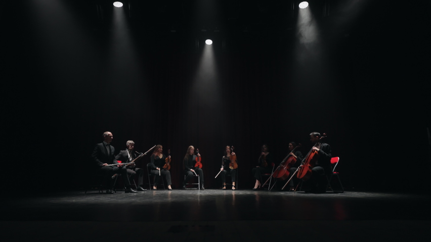 octet of string and wind instrument, musicians are sitting on scene of old opera house Royalty-Free Stock Footage #1092343989