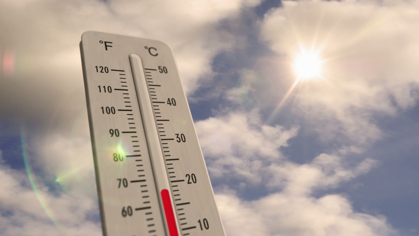 Thermometer on blue sky and shining sun. Heat wave, increase high temperature and warm weather in summer. 3D illustration concept global warming and climate change. Royalty-Free Stock Footage #1092346433