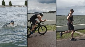 Triathlon championship, split screen video of a professional athlete, a man running, swimming and riding a bicycle, endurance and self-improvement, multiscreen.