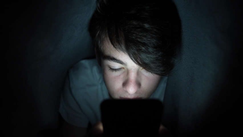 Teenager boy chatting on the phone hidden under the blanket at night. Social media addiction concept. Royalty-Free Stock Footage #1092349879