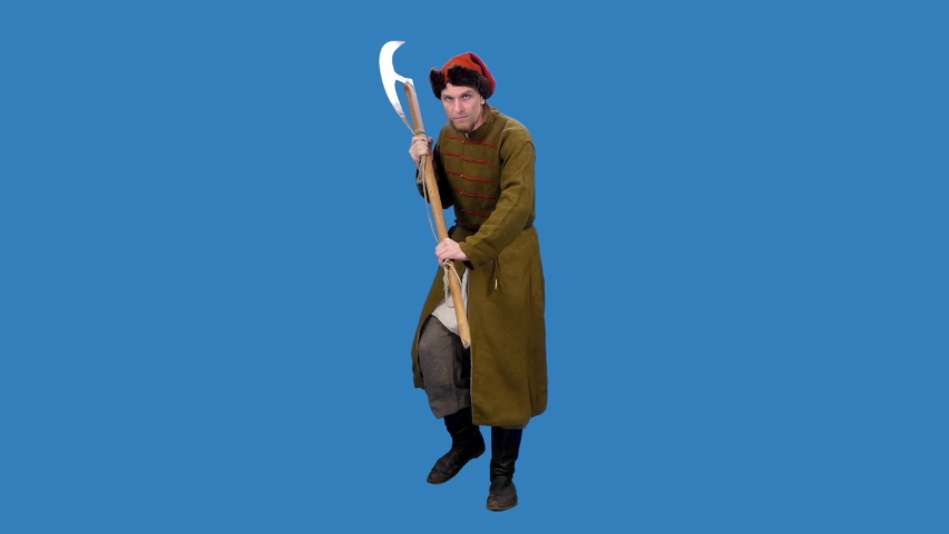 Russian 18th century guardsman (strelts) marching with battle ax with long blade (bardiche), Full HD footage isolated on blue chromakey background