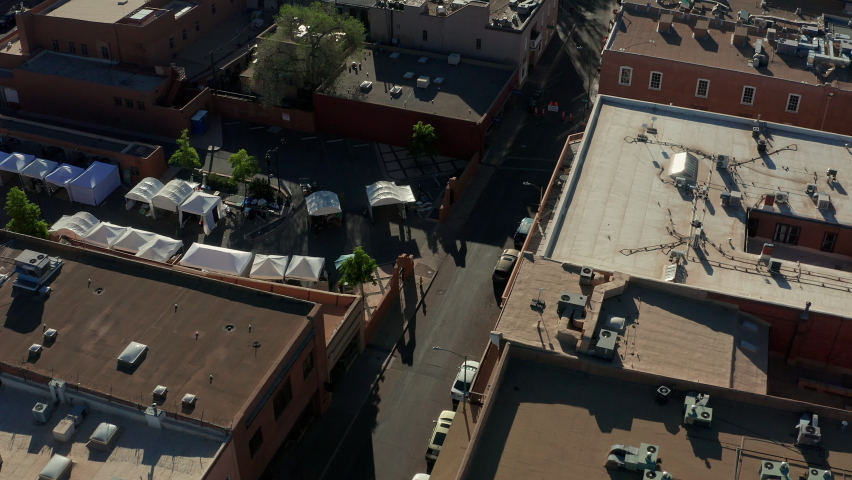 Aerial panning up to Santa Fe New Mexico Plaza Downtown