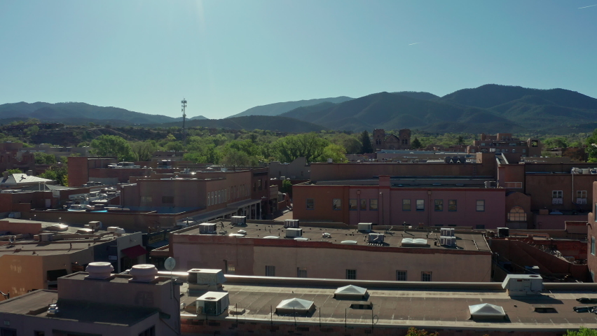 Rising aerial over Santa Fe New Mexico Downtown
