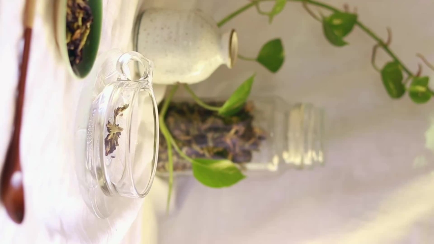 Timelapse of how dried blue butterfly pea flowers infused color into the hot water to make a healthy herbal tea