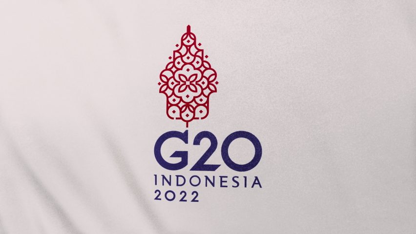 White flag of G20 Indonesia 2022 Summit logo. Concept 3D animation of full frame loop background banner design with copy space. Title graphic showcase backdrop for web and video streaming information. Royalty-Free Stock Footage #1092360359
