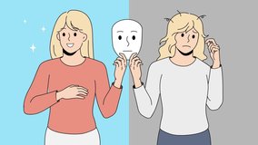 Woman holding mask suffer from mood swings. Happy and unhappy female struggle with bipolar disorder. Mental healthcare. Illustration, motion. 