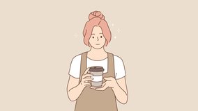 Smiling barista holding paper cup offering coffee to go. Happy female waitress give takeaway cup for client. Good service. Motion, illustration. 