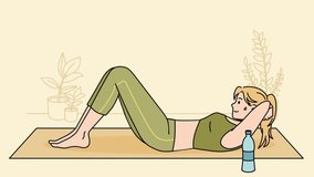 Fit woman lying on mat exercising training at home. Toned sporty female do sport for good shape and body figure. Workout and fitness. Motion, illustration. 