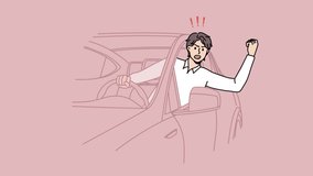 Angry man sitting in car screaming in traffic on street. Furious male driver shout and yell in automobile. Accident on road. Motion, illustration. 
