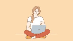 Young woman browsing internet on laptop at home show thumb up to good connection. Smiling girl recommend computer remote job. Motion, illustration. 