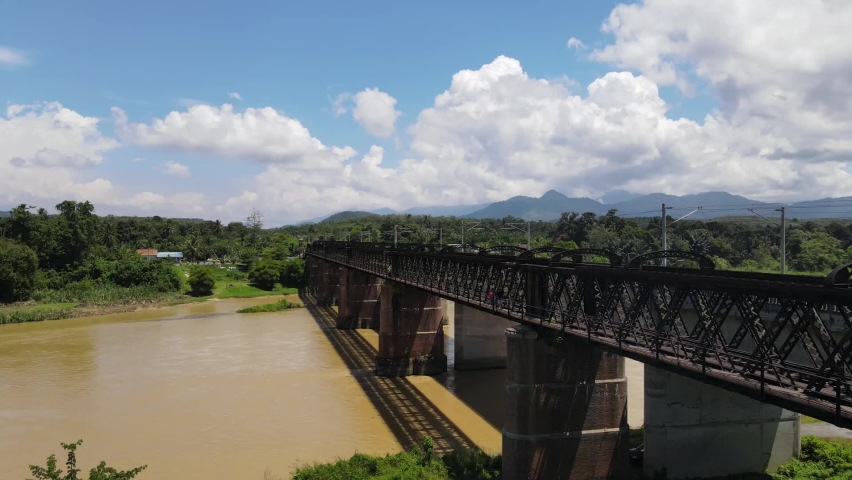 Aerial view Victoria Bridge is a single track railway truss bridge located in Karai, Kuala Kangsar District, Perak, Malaysia. 