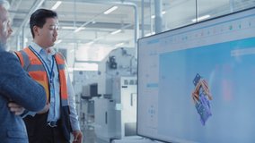 Factory Office Meeting: Chief Engineer Explaining New Workflow for Heavy Industry Hydraulic Parts Production to Company General Manager in a Conference Room with TV. Showing 3D Layout on Screen. - Powered by Shutterstock - Get 15% off with code: PIKWIZARD15