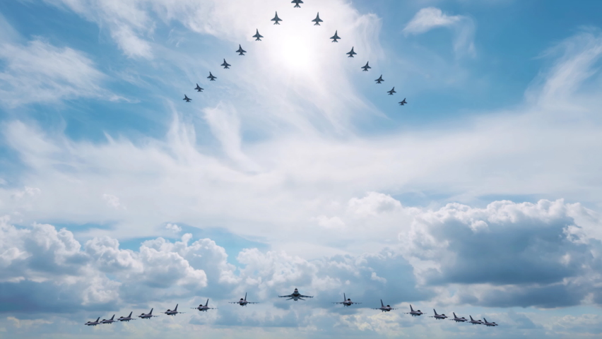 Unbranded military fighter jets flying in formation towards the camera - seamless looping.