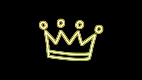 Glowing neon line Crown icon isolated on black background. 4K Video motion graphic animation