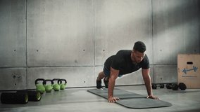 Online Workout Service: Professional Trainer Exercises, Video Tutorial, Virtual Training. Handsome Black Athletic Coach Teaching, Showing How to Do Push ups. Static Side Angle Shot