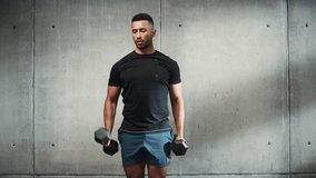 Online Workout Service: Professional Trainer Talks of Exercise, Video Tutorial, Virtual Training. Handsome Black Athletic Coach Teaching, Showing How to Use Dumbbells. Static Screen Replacement