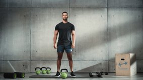 Online Workout Service: Professional Trainer Explaining Exercise, Video Tutorial, Virtual Training. Handsome Black Athletic Coach Teaching, Showing How to Use Kettlebell. Static Screen Replacement